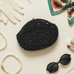 Vintage 1960's Beaded Clutch Handbag Bag Made in Hong Kong Black